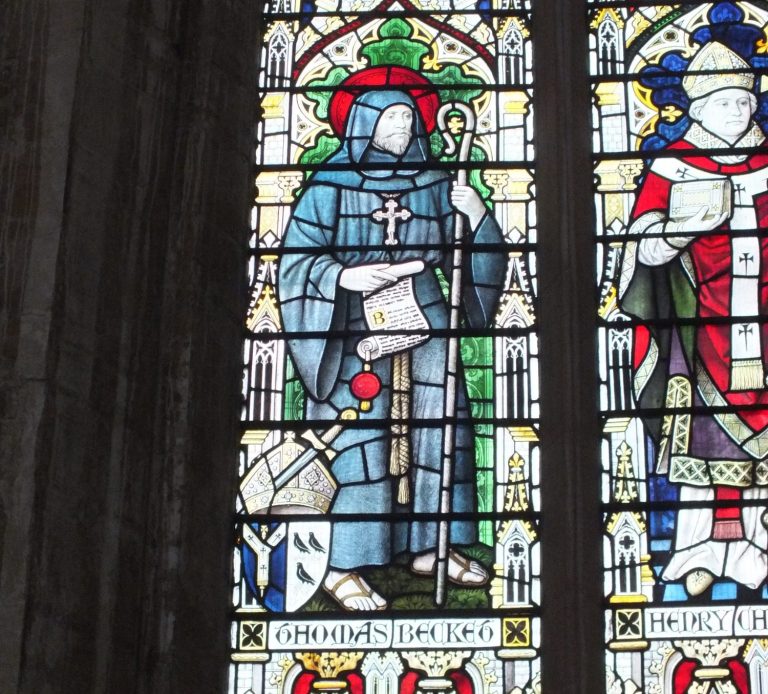 A stained Glassed window of Saint Thomas Becket with a Martyr Nimbus around his head from St Botolph's Church Boston, Lincolnshire. 