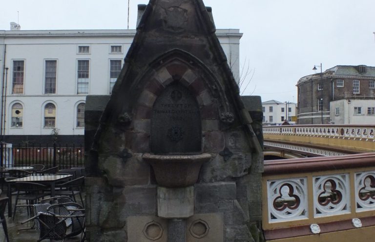 Water fountain Boston, Lincolnshire White Mansfield Limestone, Pink Sandstone and Pink Aberdeen Granite drinking fountain 'The Gift of Thomas Garfitt Esq. 1860.